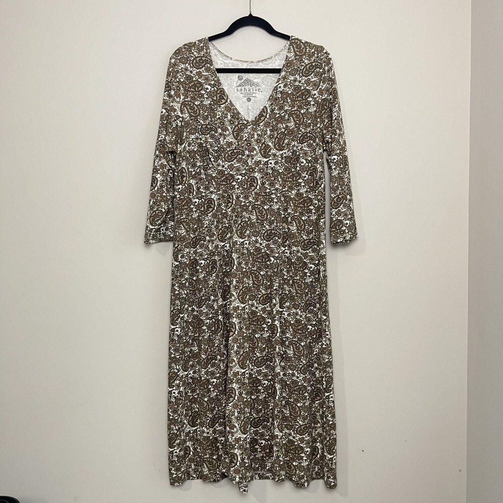 Sahalie Brown Paisley Maxi Dress Boho Cottagecore Prairie Romantic Midi Sz XL